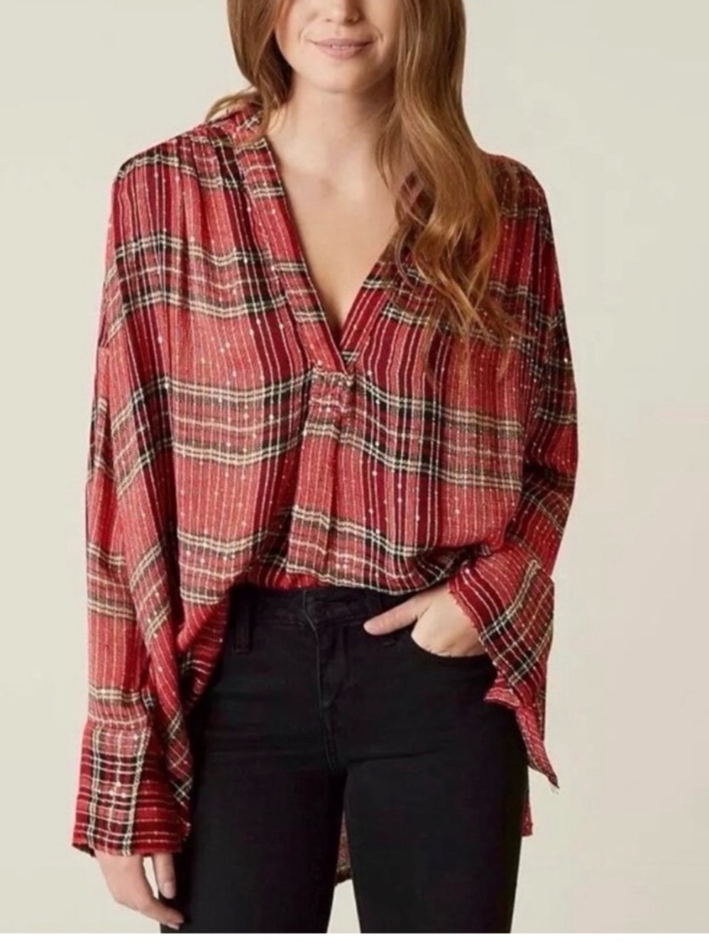 Free people fearless love Plaid Sequin Blouse in Red & Black Size Large